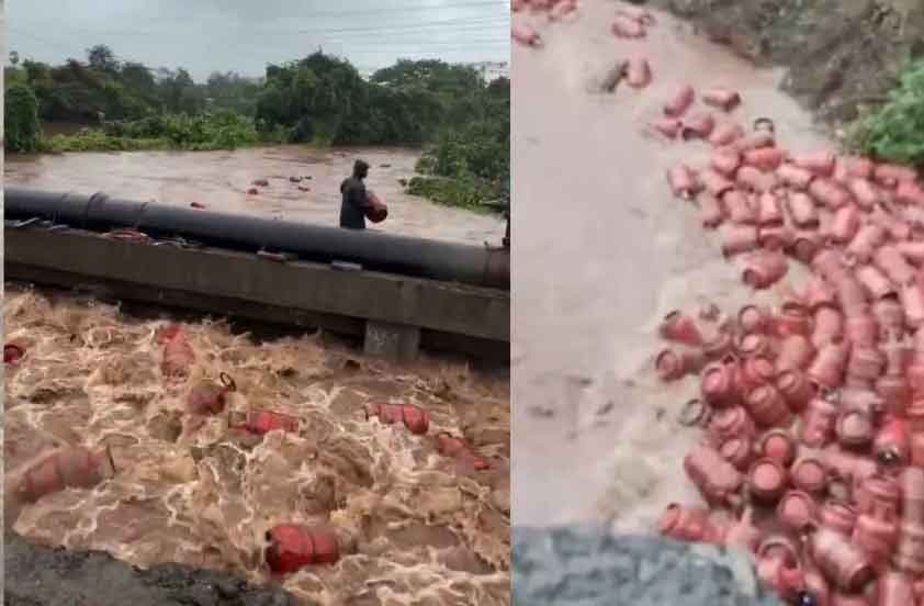 महाराष्ट्र के रायगढ़ में बारिश का कहर, 1200 गैस सिलेंडर कागज की नाव की तरह नदी में बहे
