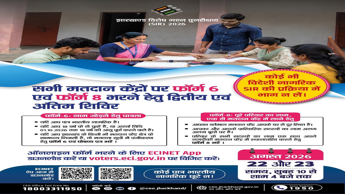 SIR: 22-23 अगस्त को सभी मतदान केंद्रों पर लगेंगे शिविर, फॉर्म-6 व 8 भरने का अंतिम मौका