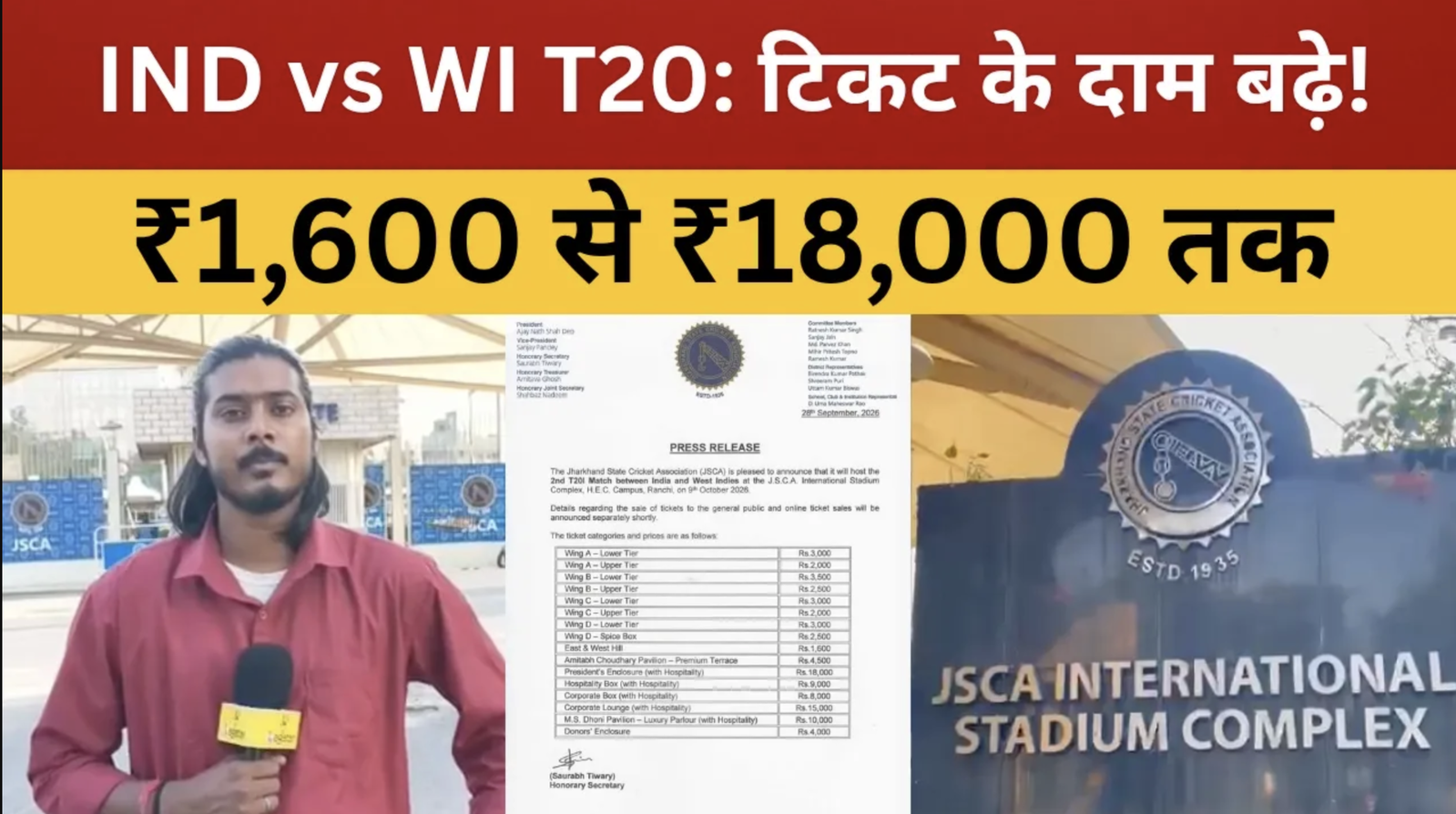 रांची में 9 अक्टूबर को भारत-वेस्टइंडीज T20, टिकट ₹1,600 से ₹18,000 तक || livelagatar news ||
