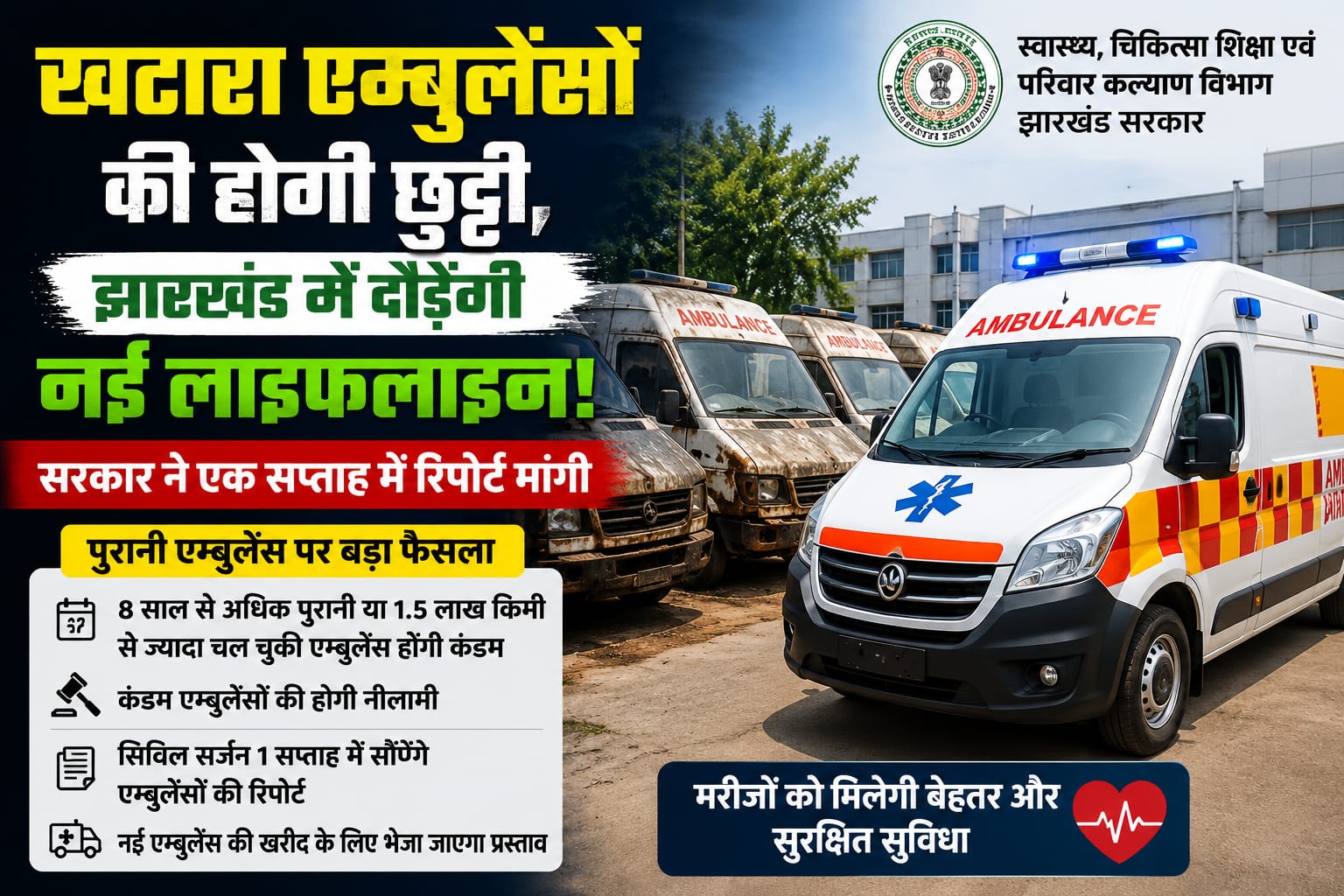 Jharkhand : खटारा एंबुलेंस की होगी छुट्टी, झारखंड में दौड़ेंगी नई लाइफलाइन, सरकार ने 1 हफ्ते में रिपोर्ट मांगी